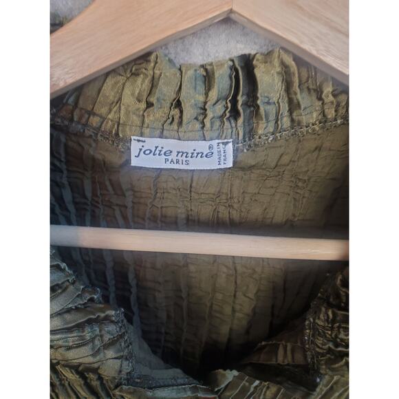 Jolie Mine Size Medium Olive Green Button Up Crinkle Blouse Made In France - Picture 3 of 6